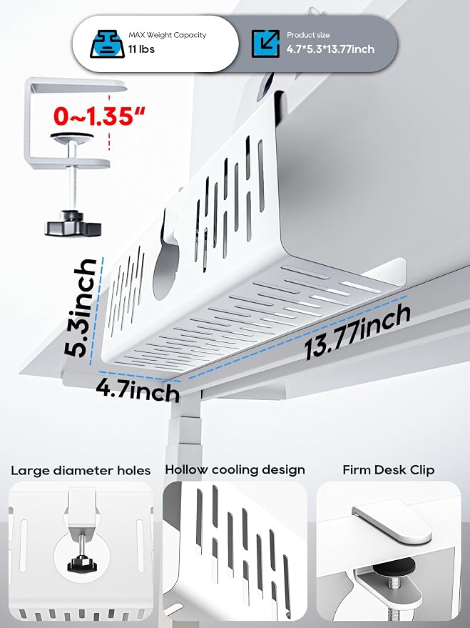 NODOCA No Drill Under Desk Cable Management Tray, 14'' Wire Management, Punch-Free Clamp on, Metal Cable Tray, Wire Organizer, Under Desk Basket for Office and Home, White