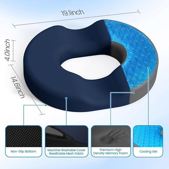 Donut Pillow Seat Cushion, Cooling Gel Memory Foam Chair Cushion, Blue | Office, Home & Car Seat Cushion, Butt Pillow for Tailbone Pain Relief, Hemorrhoids and Everyday Sitting Comfort