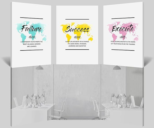 Inspirational Wall Art, Office Pictures for Wall Decor, Motivational Canvas Wall Art for Women, Failure - Success - Execute Quotes Color Map Poster Framed Artwork for Home Workplace Decor 12”x18”x3Pcs