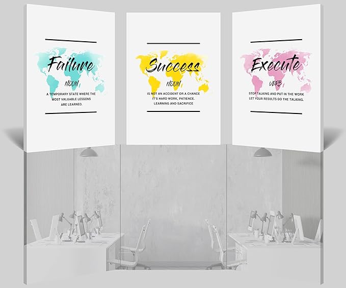 Inspirational Wall Art, Office Pictures for Wall Decor, Motivational Canvas Wall Art for Women, Failure - Success - Execute Quotes Color Map Poster Framed Artwork for Home Workplace Decor 16”x24”x3Pcs