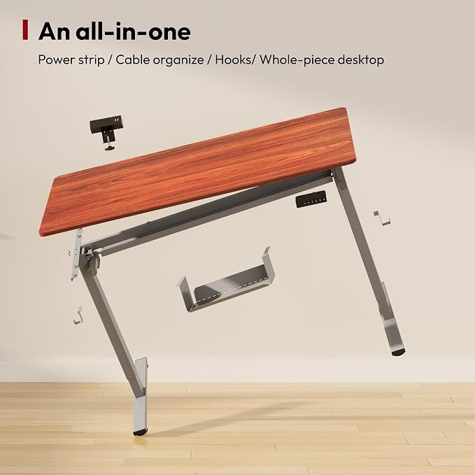 SANODESK Electric Standing Desk with Desk Clamp Power Strip 48"x 24" Whole-Piece Desktop Height Adjustable Stand Up Desk with Cable Management Sit Stand Home Office Desk Silver Frame/Mahogany Top