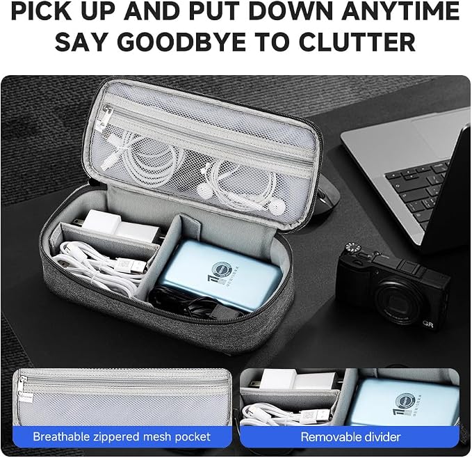 Teskyer Tech Organizer Pouch – Portable Waterproof Electronics Bag with Compartments for Cables, Chargers, Earbuds & Phone (Dark Grey)