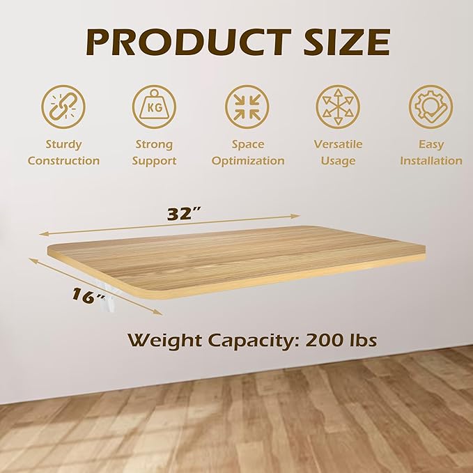 Laundry Folding Table, 32'' x 16'' Wooden Wall Mount Desk, Laundry Table for Folding Clothes, Oak Color, 32'' Length