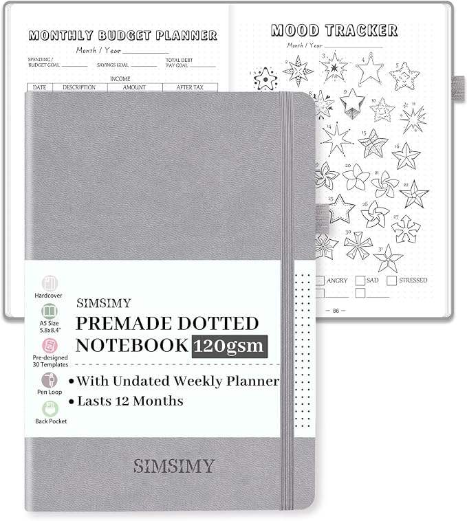 Dotted Journal Notebook with Premade Bullet Templates, Pre-made Dot Grid Journaling with Undated Weekly & Monthly Planner, Various Trackers - 12 Month Organization, A5 Hardcover