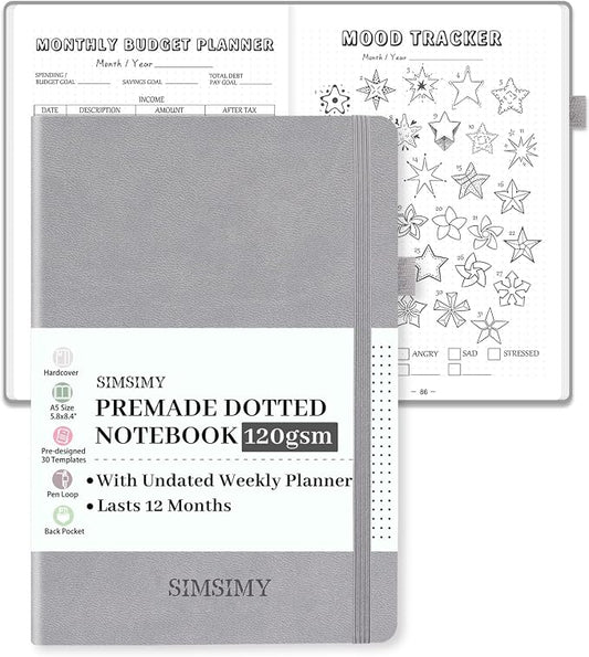 Dotted Journal Notebook with Premade Bullet Templates, Pre-made Dot Grid Journaling with Undated Weekly & Monthly Planner, Various Trackers - 12 Month Organization, A5 Hardcover