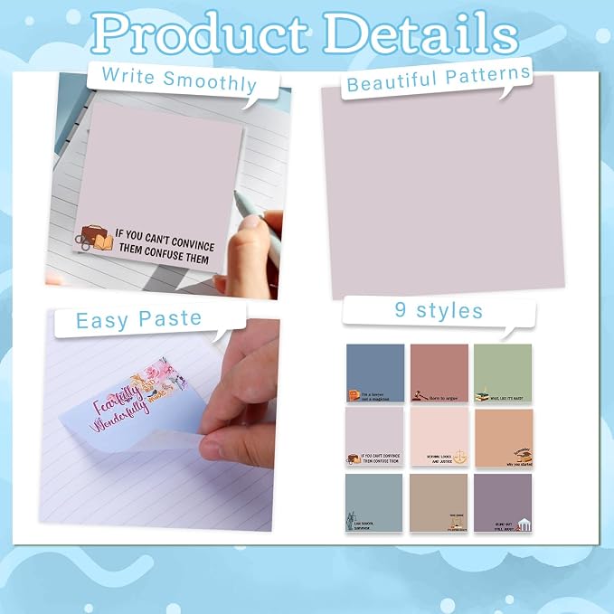 Lawyer Sticky Notes Gifts - 9 Pack Attorney Notepads 3x3 Inches, Lawyer Gifts for Women Men, Law Self-Stick Memo Pads, Legal School Office Supplies for Friends Coworkers (450 Sheets)