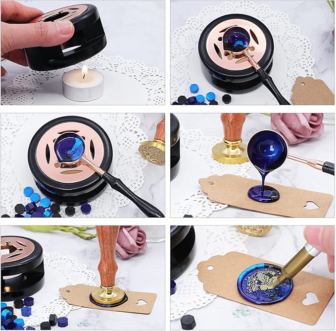 SWANGSA Wax Seal Warmer Kit, Sealing Wax Furnace Tool with 2pcs Wax Seal Pens + Wax Seal Spoon and 2pcs Candles for Sealing Wax Stamp Wedding Invitation Envelope Letter (Starry Blue)