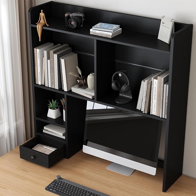 knoworld Desktop Bookshelf for 27" Monitor, Space-Saving Engineered Wood Desk Hutch Organizer with Adjustable Shelves & Drawer, Clutter-Free Tabletop Bookcase for Dorm & Home Office, Black