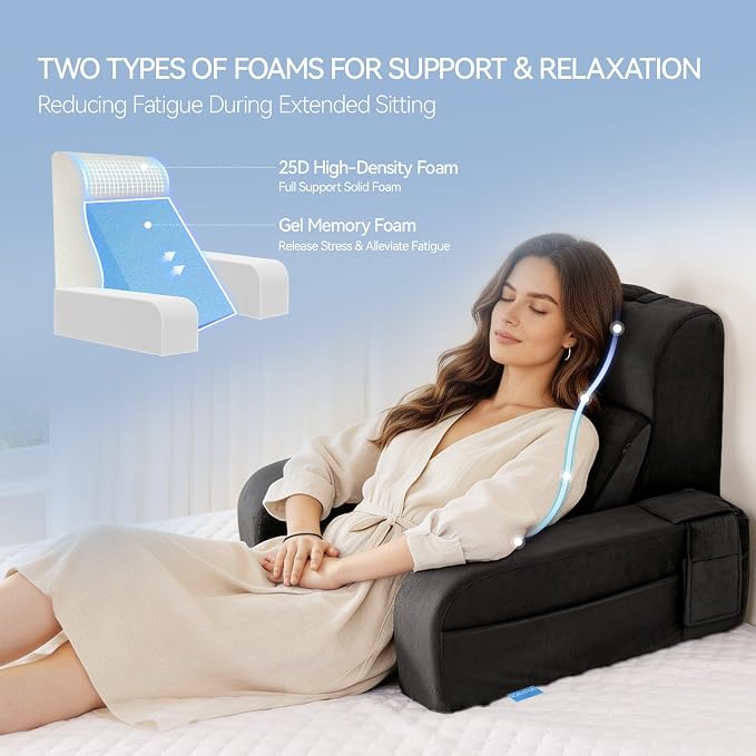Kayfia Reading Pillow, Gel Memory Foam Back Rest Pillow, 19", Black | 3 Storage Pockets, Dual-Use Back Leg Support Pillow, Detachable Armrests, Ideal for Reading, Gaming, Working on Bed & Couch