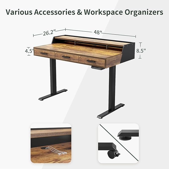 CubiCubi Standing Desk 48x26 Inches with 3 Wood Drawers and Monitor Shelf, Ergonomic Rising Home Office Desks, Height Adjustable Computer Desk, Sit Stand Up Electric Workstation Table, Rustic Brown