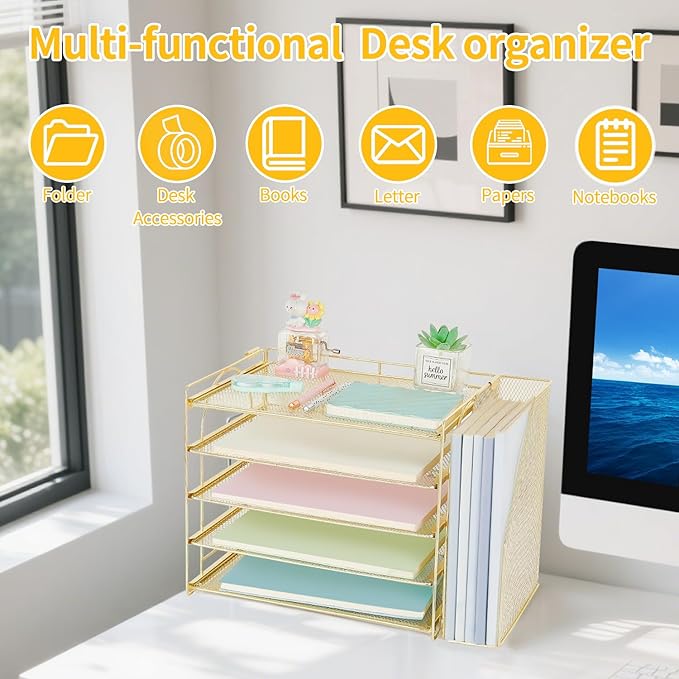 AUPSEN Gold Desk Organizers and Accessories, 5-Tier Desktop Paper File Organizer with Removable File Holder, Desk Accessories & Workspace Organization for Home Office Supplies (Gold)