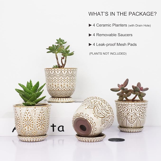 Gepege Succulent Pots, 4 Inch Small Indoor Ceramic Planter Pot with Drainage Holes and Saucers for Plants- Creamy White - Set of 4