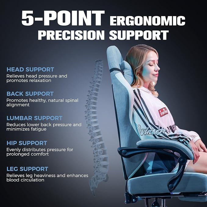 GTPLAYER Big and Tall Gaming Chair 350lbs Heavy Duty Office Chair with Foot Rest, High Back Pocket Spring Ergonomic Computer Chair for Adults,Wide Comfy Seated Cushion with Linkage Armrests,Light Blue