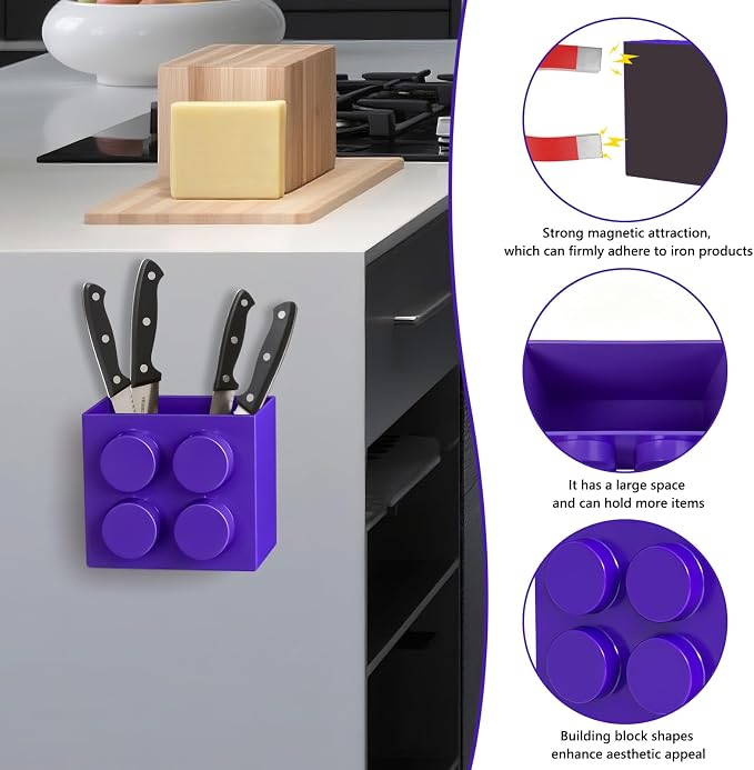 Magnetic Basket Organizer for Fridge - Lego-Style ABS Plastic Storage Box,No Drill Design for Kitchen Counter, Microwave & Whiteboard, Holds Up to 3.5 lbs (deep purple)