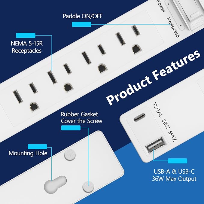 LIDER PD 36W Surge Protected Outlet Extender, 4-Outlet Power Strip, USB-A & USB-C, 5ft, Up to 1500J, LED Indicator, ON/Off Switch, Flat-Plug, 45-Degree Angle, 1250W, ETL Listed, Matte White