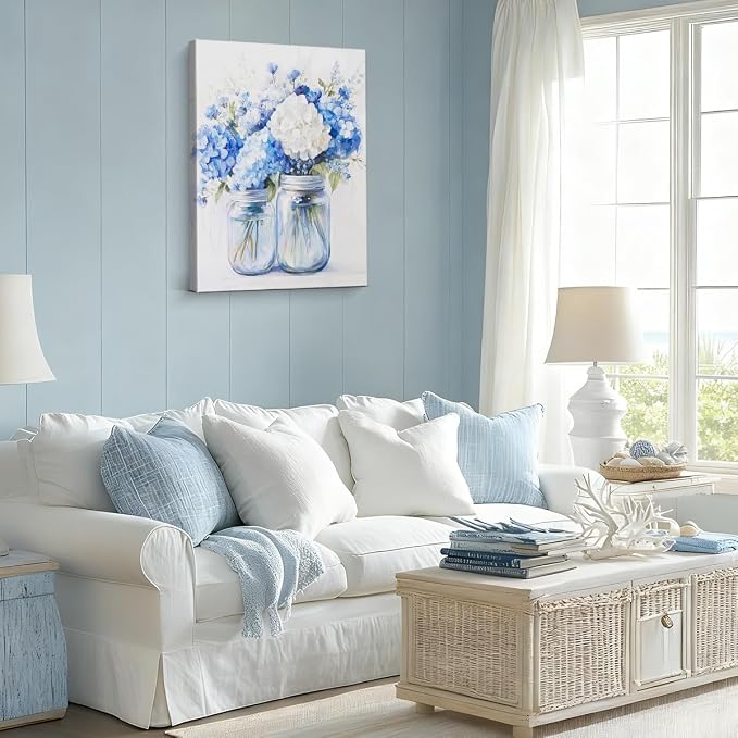 Vintage Floral Framed Wall Art Decor Light Blue Flowers Canvas Print Poster Abstract Flowers Bouquet in Vase Pictures Painting for Home Bathroom Bedroom Wall Decor 8x10 Inches