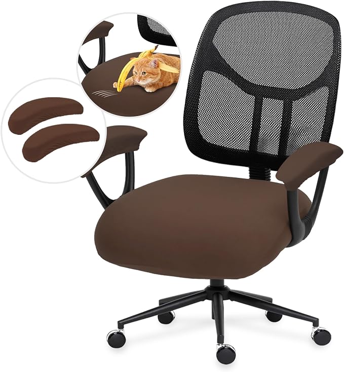 DIVA EN CAMINO DEC Stretchable Office Chair Seat Cushion Covers with Armrest Covers - Computer Chair Slipcover - Anti-Scratch Dogs, Cats, Pets Removable Washable Cushion Protectors (Mocha)