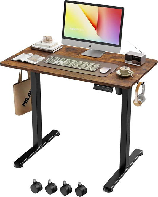 Monomi Small Electric Standing Desk, 35" x 24" Whole Piece Height Adjustable with Memory Controller, Sit to Stand Desk Workstation for Home Office,Rustic Brown