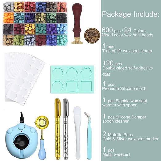 Wax Seal Kit With 24 Colors Envelope Stamp Seals Beads 600pcs, Tree of Life Sealing Stamp, Electric Wax Seal Warmer Set, Silicone Mold, Metallic Pen, 120 Removable Sticky Dots, Spoon Cleaner