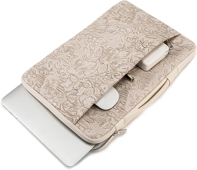 Kinmac Embossed PU Leather 360° Heavy Duty Protective Laptop Sleeve with Poacket (Apricot Flower, 12.5 inch-13.6 inch)
