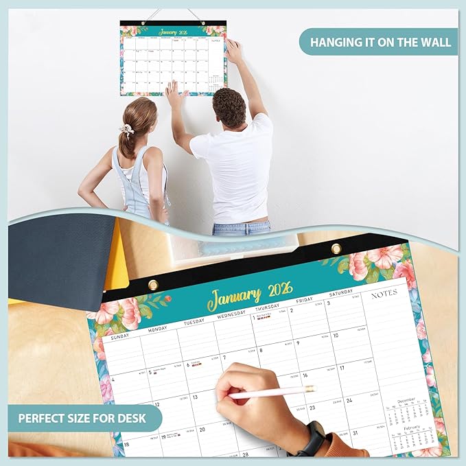2026 Desk Calendar, Large Desktop/Wall Monthly Calendar (Jan. 2026 - Jun. 2027) 17'' x 12'' School Year Desk Planner for Teacher Family School Office Supplies (Pack of 2)
