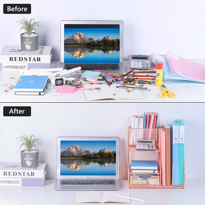 Topwey Rose Gold Desk Accessories, Office Supplies Desk Organizer Caddy with Sliding Drawer, Double Tray, File Organizer and pen holder for Home, Office School