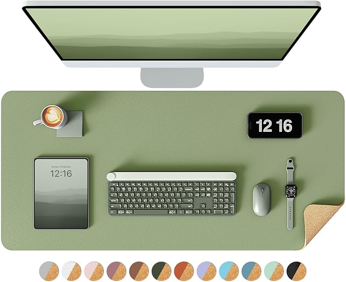 YSAGi Double-Sided Desk Pad, 31.5"x15.7"Leather Desk Mat, Eco Cork Desk Pad Protector,Large Mouse Pad,Waterproof Desk Blotter for Office/Home(Bamboo Green)