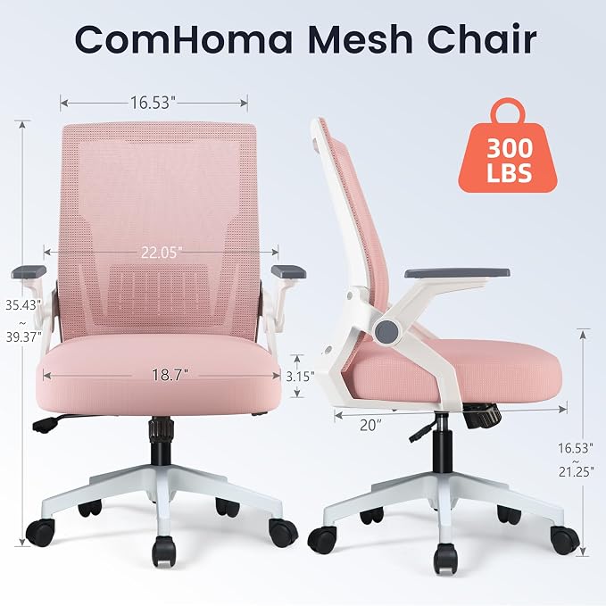 COMHOMA Office Chair with Flip-up Armrests Ergonomic Computer Desk Chair with Adaptive Lumbar Support & Breathable Mesh, Pink