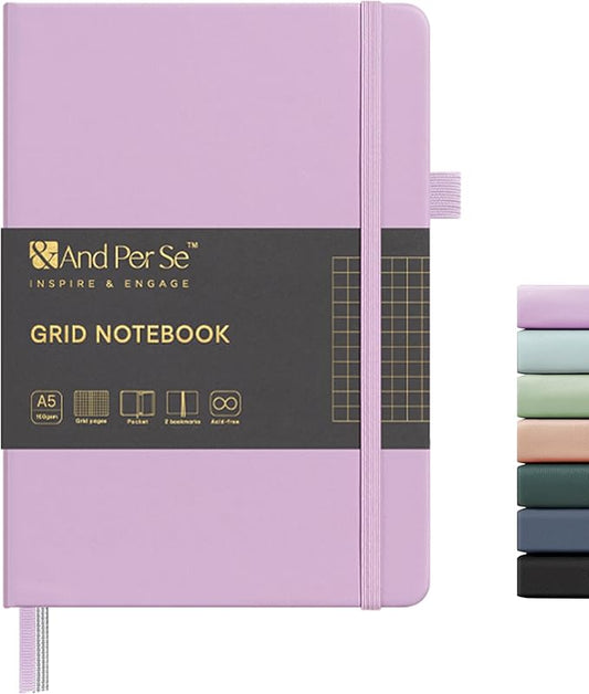 &And Per Se Graph Notebook, 5mm Grid, A5 Hardcover, 160 Pages 100gsm Thick Paper, Grid Journal for Diagrams, Wireframes, CAD Sketches (Lavender)