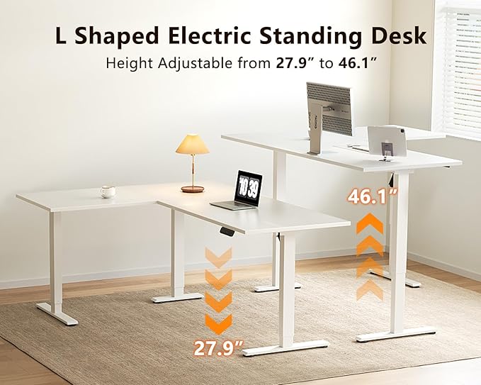Casaottima 63 Inch Electric L-Shaped Standing Desk, Reversible Corner Desk with Height Adjustment, Large Ergonomic Workstation for Home Office, Reception Room, White