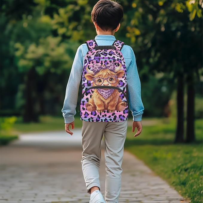 ZFRXIGN Highland Cow Girls Backpack for Elementary School Bookbag with Cute Pendant 4pc Backpack Set for Girls Cheetah Print Insulated Lunch Box Pencil Case Purple
