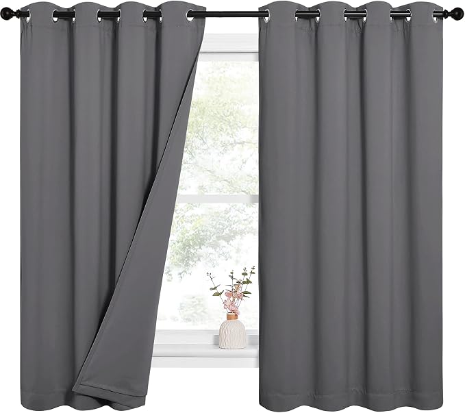 NICETOWN Noise Reduction Blackout Curtains, Thermal Insulated Full Blackout 3-Layer Lined Drapes, Energy Efficiency Window Draperies for Bedroom (Grey, 2 Panels, 52-inch W by 63-inch L)