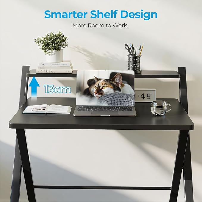 Simple Deluxe No Assembly Folding Desk with Shelf, 2-Tier Compact Computer Table, Space Saving Foldable Table for Home Office, Dorm or Apartment, Portable Collapsible Sturdy Laptop Desk, Black