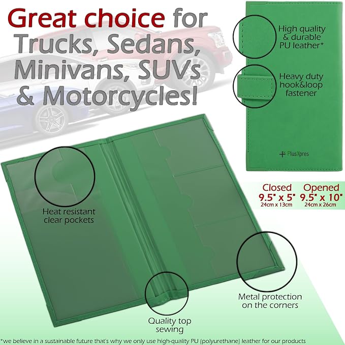 Auto Insurance and Registration Card Holder - Vehicle Glove Box Document Organizer - Car Essential Paperwork Holder for DMV, AAA, Contact Information Cards - Premium PU Leather Wallet Case - Green