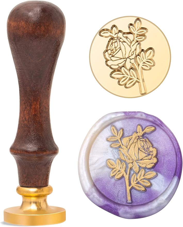 Romantic Rose Wax Seal Stamp, Elegant Garden Botanical Plant Sealing Stamper with Wooden Handle for Floral Aesthetic Wedding Invitation Card Envelope Letter Planner Journal Accessories