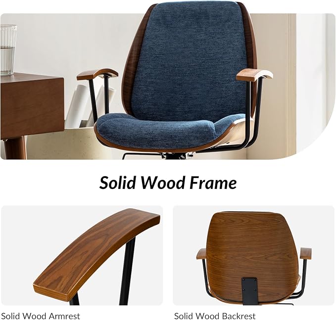 HULALA HOME Solid Wood Office Chair with Tilt Function & Metal Base, Navy | Mid Century Modern Desk Chair with Bent Wood Frame, 360° Swivel Fabric Computer Task Chair, Height Adjustable