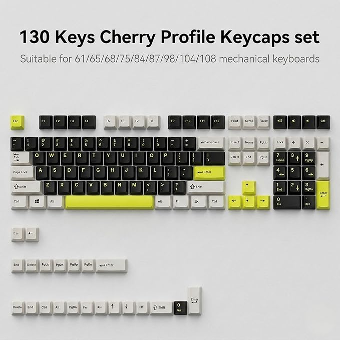 130 Keys Black Grey Yellow PBT Keycaps, Double Shot Cherry Profile Keycap Set, Custom Mechanical Keyboard Keycaps for 60% 65% 75% 87% 100% ANSI Layout，Cherry Mx Switches