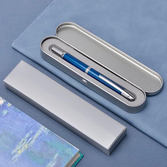 Jinhao 10 Press Fountain Pen with Box, Pearl Blue Retractable Fine Nib with Converter Set (Silver Clip)