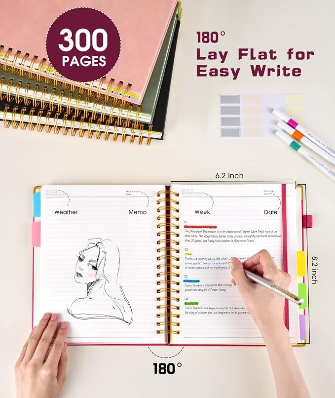 Hardcover Spiral Notebook journal with Removable Dividers Tabs, 300 Pages Leather 5 Subject Notebook College Ruled, 100GMS A5 Notebooks for Work School Note taking,Lined Journal for Women,A5-Rose