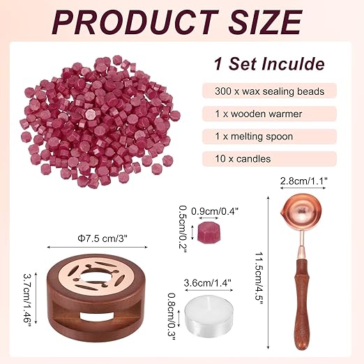 PATIKIL Wax Seal Kit, 300 Pcs Wax Sealing Beads, Wooden Warmer, Melted Spoon, 10 Pcs Tealight Candles for Envelope Letter Mailing Crafts DIY, Golden Red