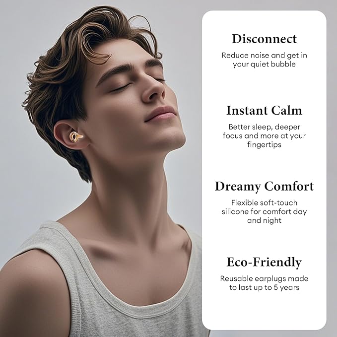 Noise Cancelling Ear Plugs 45dB – Reusable Silicone Earplugs for Sleeping, Snoring, Travel, Concerts & Work with 8 Eartips – Soft Comfortable Hearing Protection (Gold, One Size)