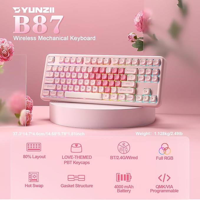 YUNZII B87 Wireless Mechanical Keyboard,QMK/VIA Programmable,TKL Layout 87 Keys,BT/2.4G/USB-C,Hot Swap Gasket Mount RGB Backlit Gaming with Wrist Rest for Win/Mac (Pink, Milk V2)