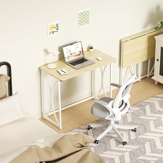 Folding Desk, 31.5" Small Desk for Bedroom, Space Saving Foldable Computer Desk for Home Office, Easy Assembly, Beige