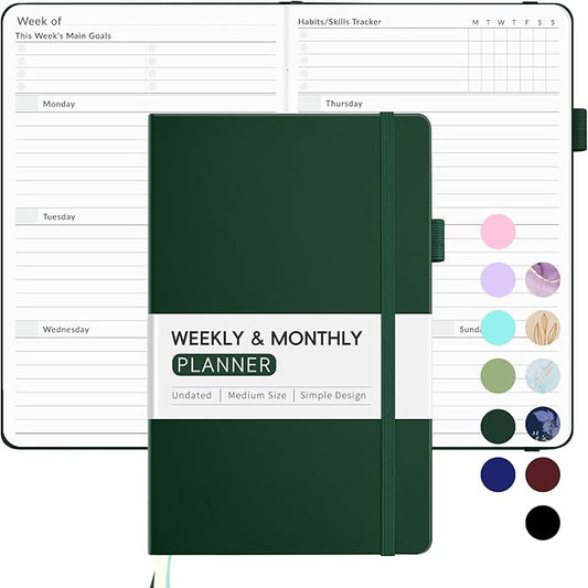 Undated Weekly Planner for 2026, Forvencer Simplified Weekly & Monthly Calendar Planner, Cute Daily Organizer Notebook, Agenda Journal to Track Goals & Tasks, Start Anytime, A5 Size, Dark Green