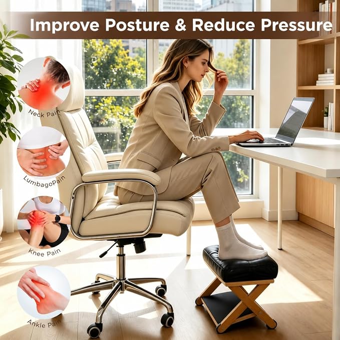 Double Step Foot Rest Under Desk, Ergonomic Foot Stool with Cushioned Top & Non-Slip Surface, Wooden Under Desk Footrest for Work, Office Chair, Home & Gaming