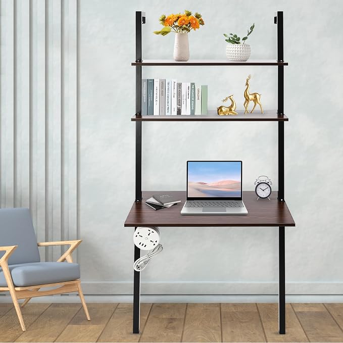 Wall Mount Desk 3 Tiers Wall Table Wall Mount Computer Writing Table Industrial Bookcase Desk Brown and Black for Homes Office School