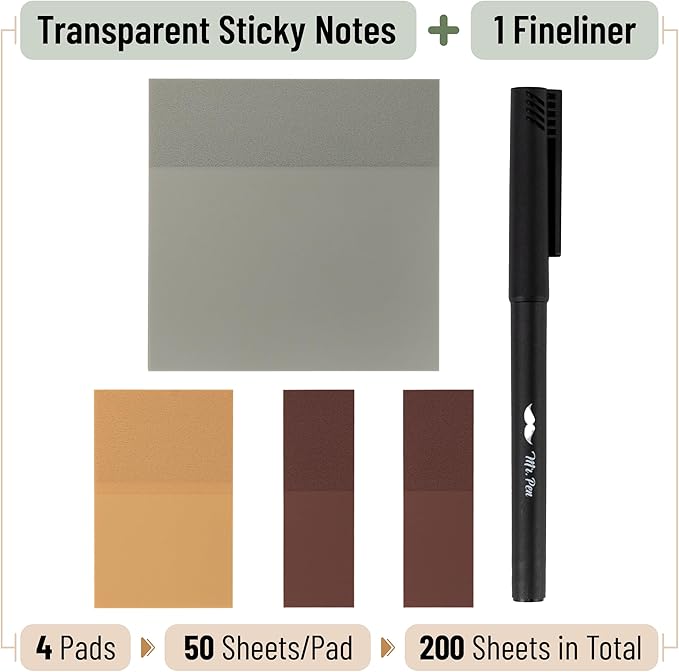 Mr. Pen- Transparent Sticky Notes with Pen, 200 Sheets, Earthy Tones, Bible Sticky Notes for Books