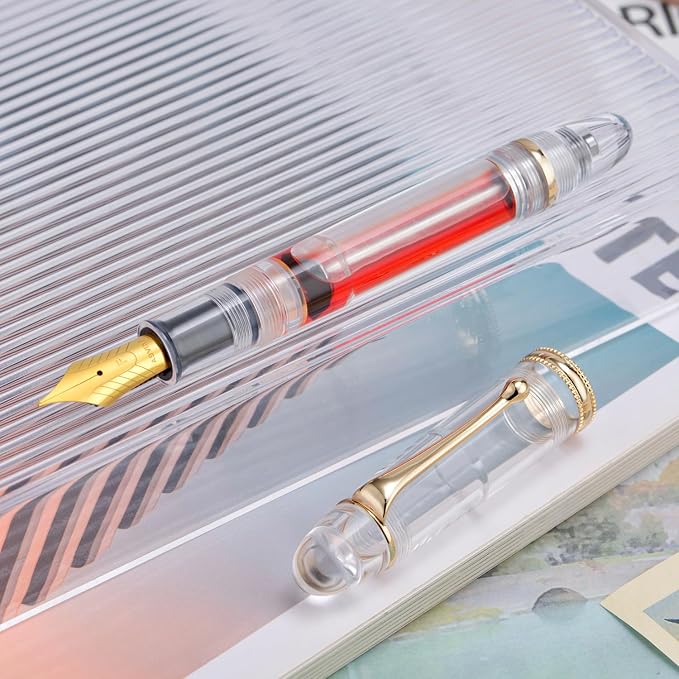 Asvine V800 Fountain Pen - Vacuum Filling System with Large Ink Capacity - Smooth Number 8 Stub Nib 1.1 mm Calligraphy Art Drawing with Gift Case and Wrench- Clear Gold Acrylic