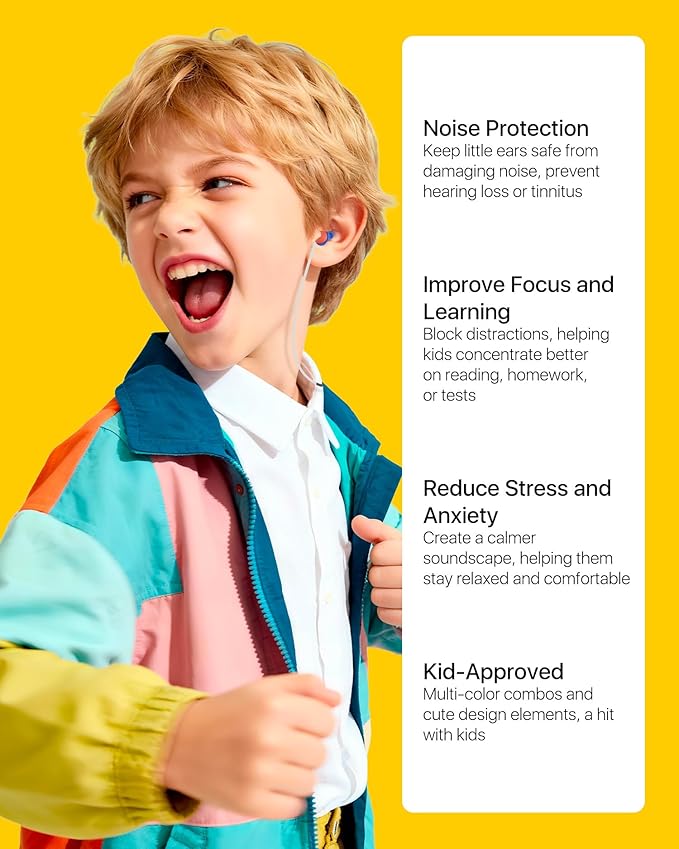 Kids Noise Reduction Ear Plugs(6+yrs) – Reusable Child Ear Protection for Sensitive Ears, Comfortable Earplugs for School, Travel, Focus, Concert, Sleep & Loud Events – 4 Sizes Ear Tips in XS-L, 26dB