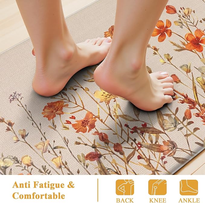 SHACOS Anti Fatigue Fall Kitchen Rugs Set of 2 Beige Orange Wild Flowers | Waterproof Non Slip Cushioned Kitchen Floor Mats Harvest Autumn Farmhouse Comfort Standing Mat 17x27.5+17x47"